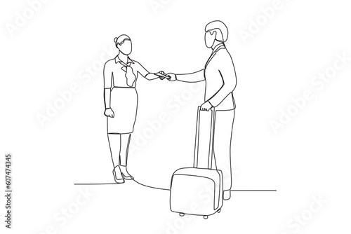 Side view of an officer giving tickets to passengers. Airport activity one-line drawing © stlineart