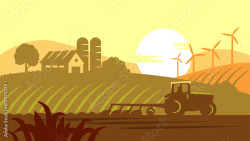 Agriculture farm with tractor. Barn and fields