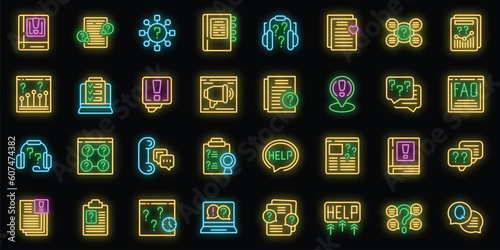 FAQ page icons set outline vector. Advice page. Page online neon color on black