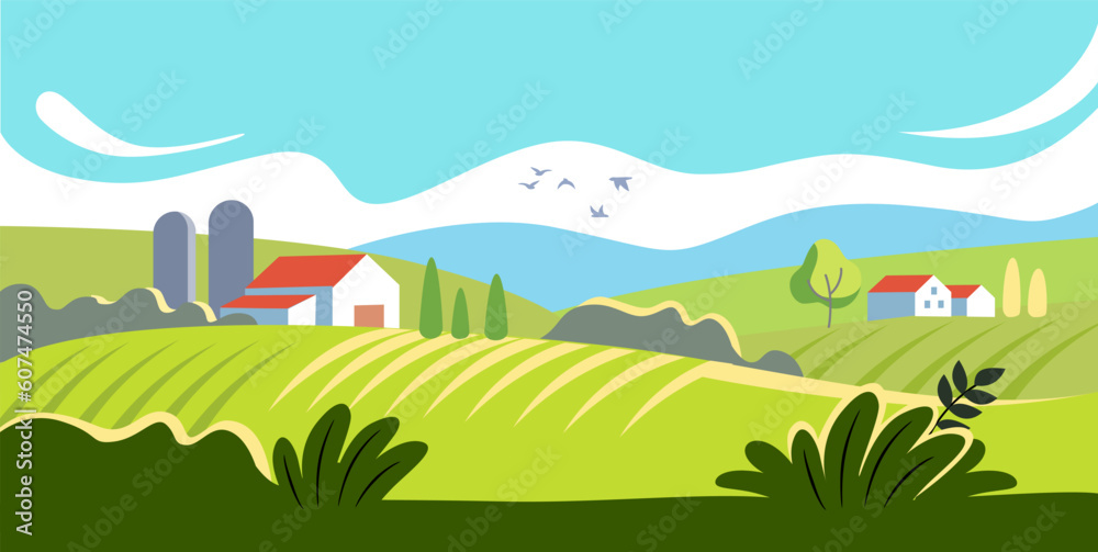 Farm Rural Nature Scene with meadow