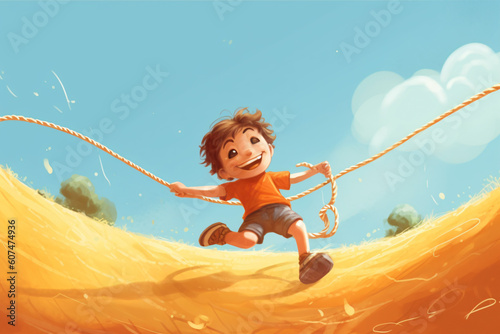 illustration of kid playing pull the rope and have fun laying on a sunny day made with Generative AI