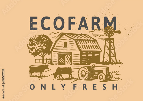 Farm cow silhouette with barn. Farmland eco life
