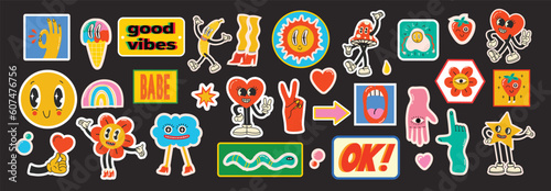 Groovy hippie love sticker character. Comic happy mushroom, hot dog and cloud character with wings in trendy retro 60s 70s cartoon style. Vintage isolated vector illustration.