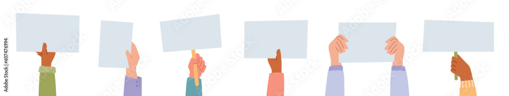 Protest or demonstration illustration. Hands holding posters and banners.