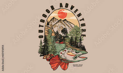 Outdoor adventure vector print design. Mountain adventure artwork. Wild national park illustration. Fishing design. 