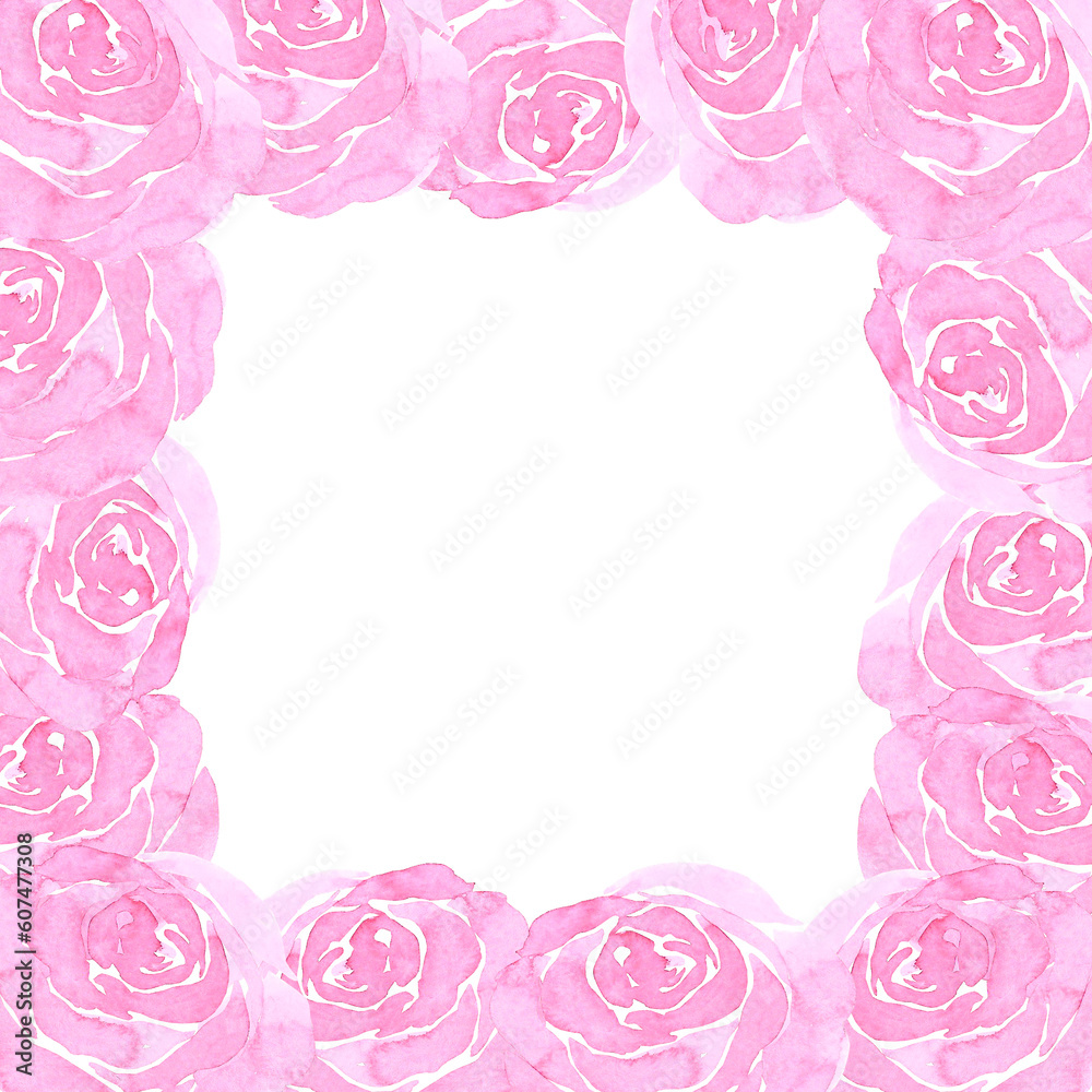 Hand drawn watercolor pink roses boarder on white background. Scrapbook, post card, wedding invitation, album. Hand drawn watercolor pink roses boarder on white background. Scrapbook, post card, wedding invitation, album.