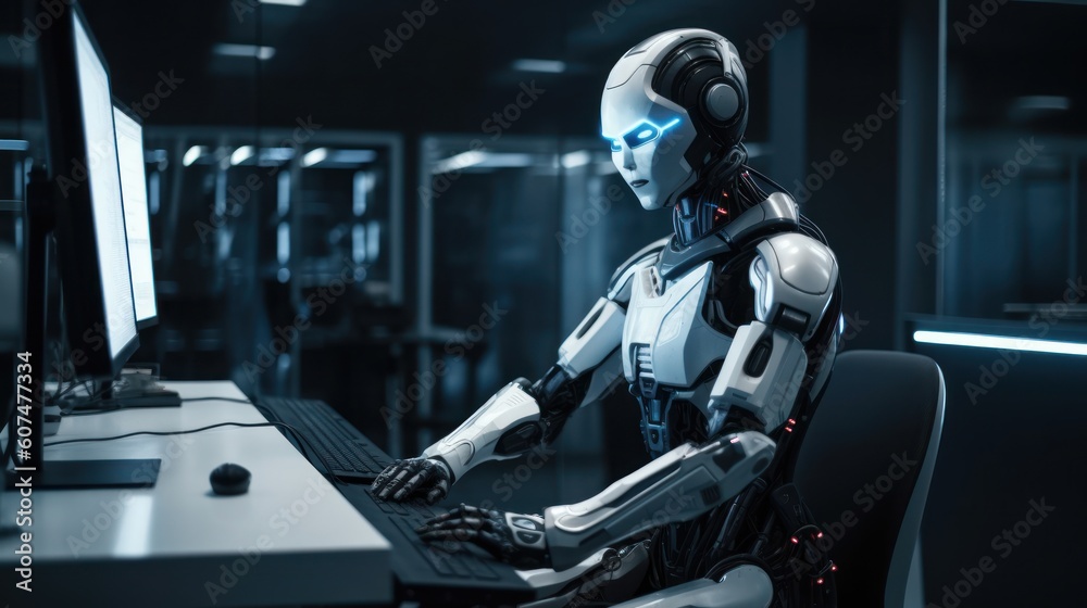 A humanoid robot works in an office on a laptop. Generative AI A humanoid robot works in an office on a laptop. Generative AI