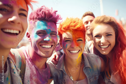 Group of young smiling people having fun during color festival. AI generative art