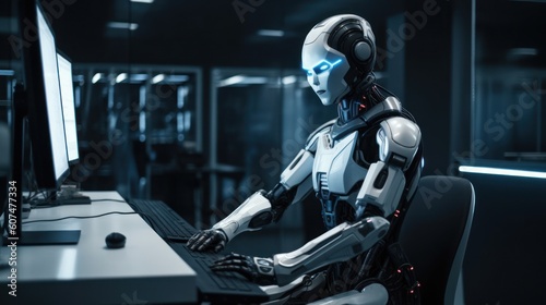 A humanoid robot works in an office on a laptop. Generative AI © Viktor