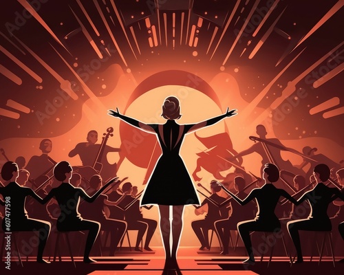 The female conductor dramatically leads the modern orchestra. (Illustration, Generative AI)