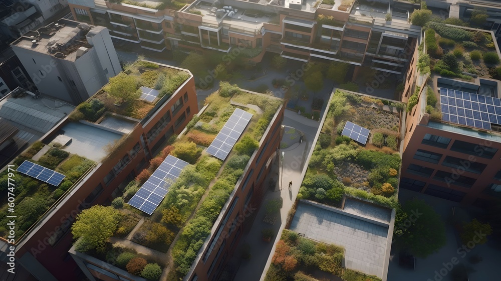 Prompt Aerial view of a sustainable city with solar panels, wind ...