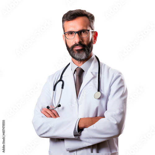 Isolated, serious male doctor with beard, ai generated
