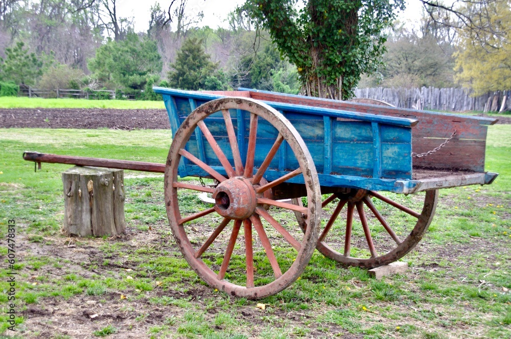 Rustic Blue Wooden Cart on a traditional farm in Virginia, USA. 