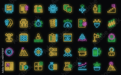 Employee efficiency icons set outline vector. Performance review. Work skill neon color on black