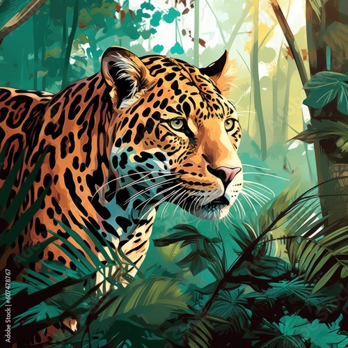 Exquisite Jungle Scene with Illustration of a Leopard in its Element