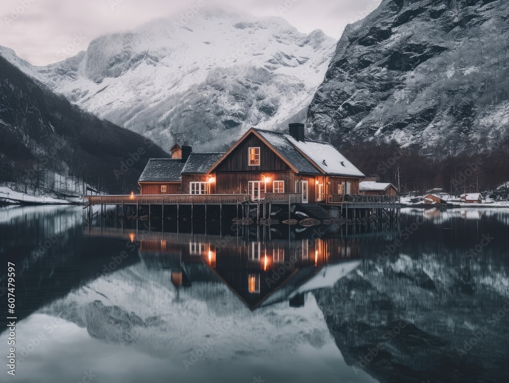 Cottage of the Norwegian culture and architecture in Norway near lake, lake house, stunning scenery of lake, misty mountains background.