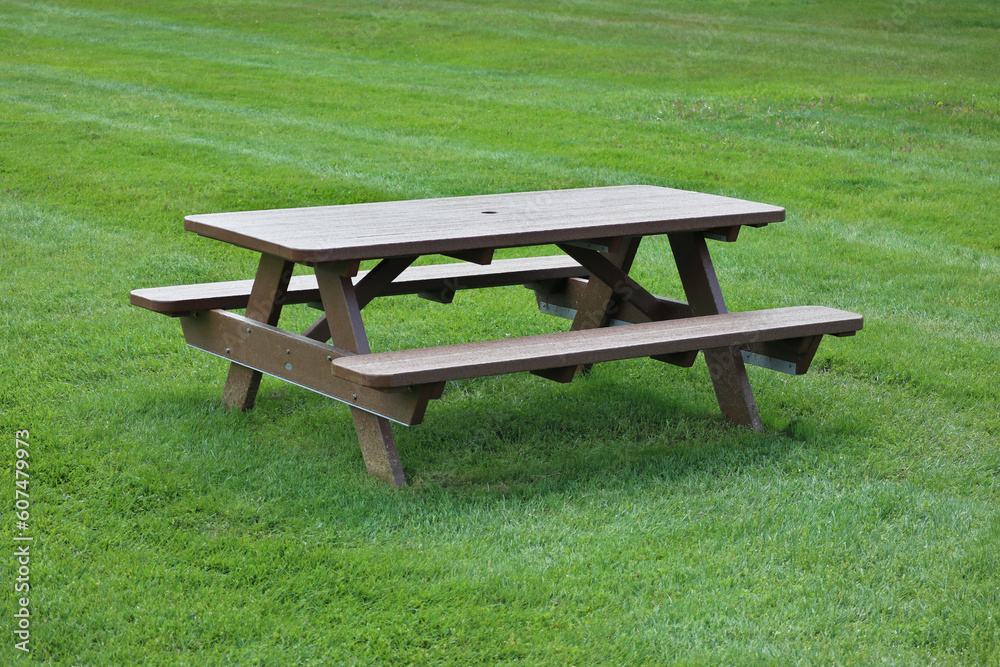wood picnic table on green lawn (grass, sunshine, detail, closeup, macro) outdoor dining, spring, summer wood picnic table on green lawn (grass, sunshine, detail, closeup, macro) outdoor dining, spring, summer