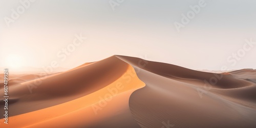 Sand dunes. The sun is setting on the mountain and there is a beautiful warm orange light.