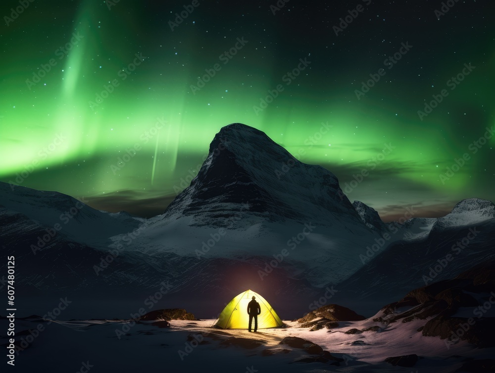 A man camping in wild northern mountains with an illuminated tent viewing a spectacular green northern lights aurora display.