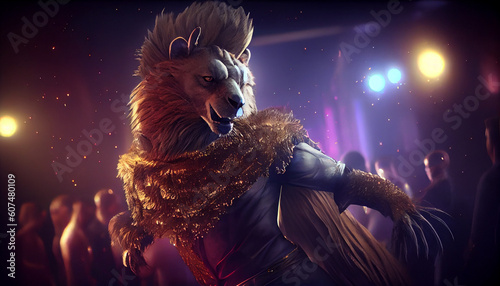 Lion wearing stylish dress and dancing at the disco Ai generated image