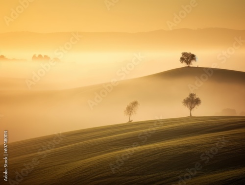 Magic hour foggy landscape view of a charming field in Tuscany - Italy.