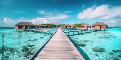 Maldives paradise island. Tropical landscape, coast seascape water bungalows villas with amazing sea lagoon beach. Exotic tourism destination summer vacation.