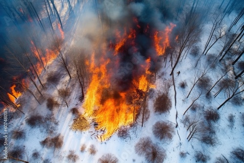 Aerial view wildfire in woods, draught and hot weather. AI Generated