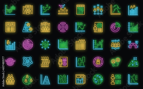 Demographer icons set outline vector. Age human. Gender data neon color on black