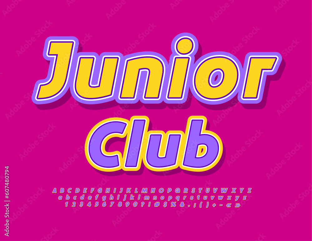 Vector bright logo Junior Club. Modern colorful Font. Creative Alphabet Letters and Numbers