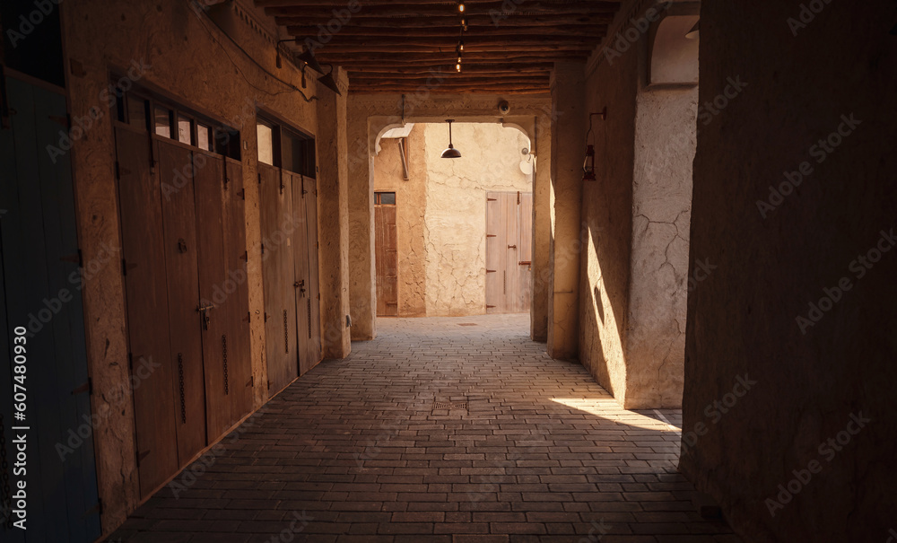 Al seef old historical district with traditional Arabic architecture. old buildings and traditional Arabian street.