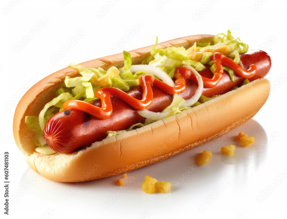 Fresh hot dog with sauces mayonnaise, ketchup and mustard and cabbage isolated on a white background Fresh hot dog with sauces mayonnaise, ketchup and mustard and cabbage isolated on a white background