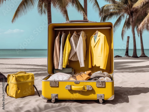 Open yellow suitcase with clothes for tourism travel on the beach © Tatiana
