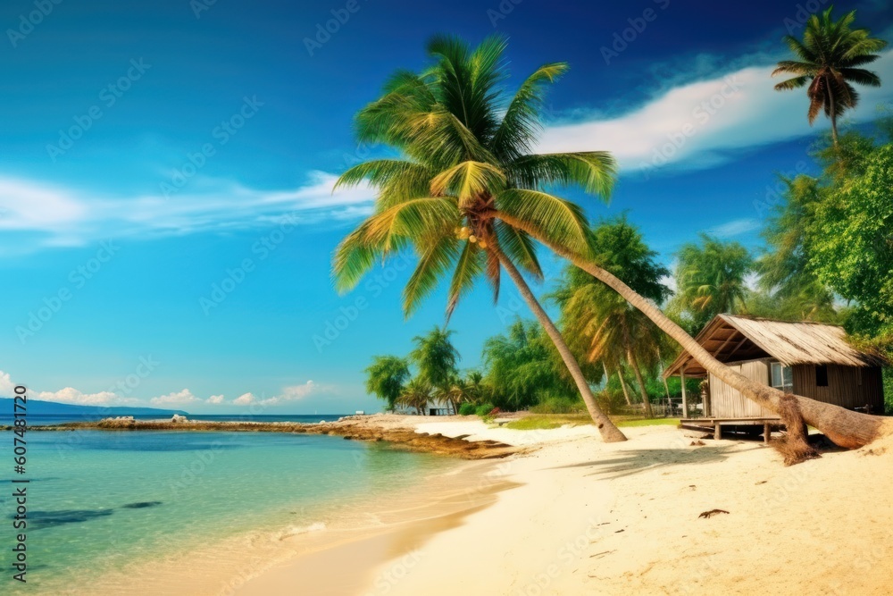 Obraz premium stock photo of beach with coconut tree and beach inn photography Generative AI