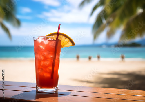 red tropical mocktail drink cocktail on the beach at a beautiful sunny day at the ocean on hawaii beach Generative AI