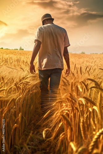Man walking through a wheat field at sunset in search of hope Generative AI Illustration © SVasco