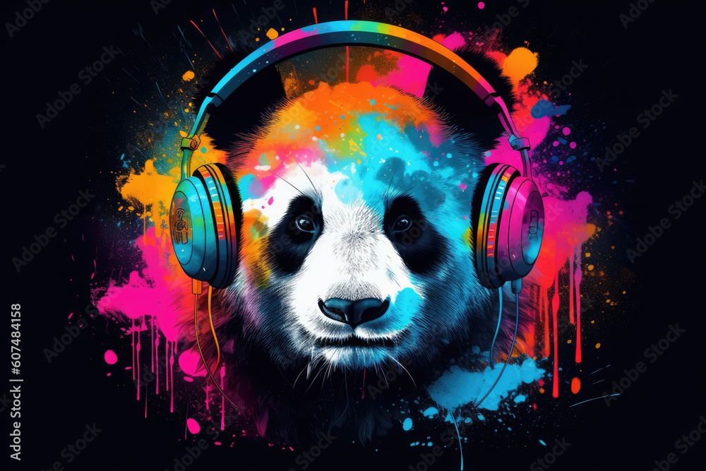 Panda wearing stylish headphones, perfect for a fun and creative t-shirt design. Ai generated