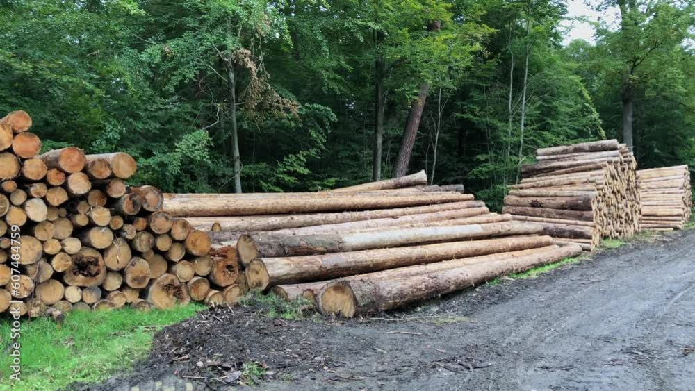 Panning view of stacks of felled trees, heap of cut tree logs and muddy path in a forest, deforestation logging site
Panning view of stacks of felled trees, heap of cut tree logs and muddy path in a forest, deforestation logging site