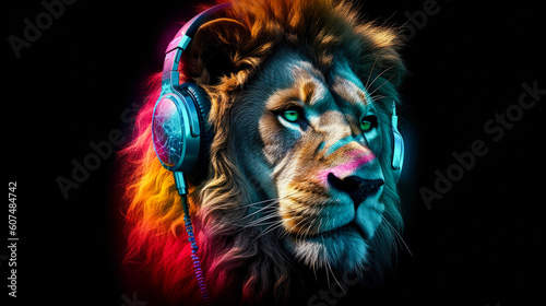 Lion King wearing stylish headphones  perfect for a fun and creative t-shirt design. Ai generated
