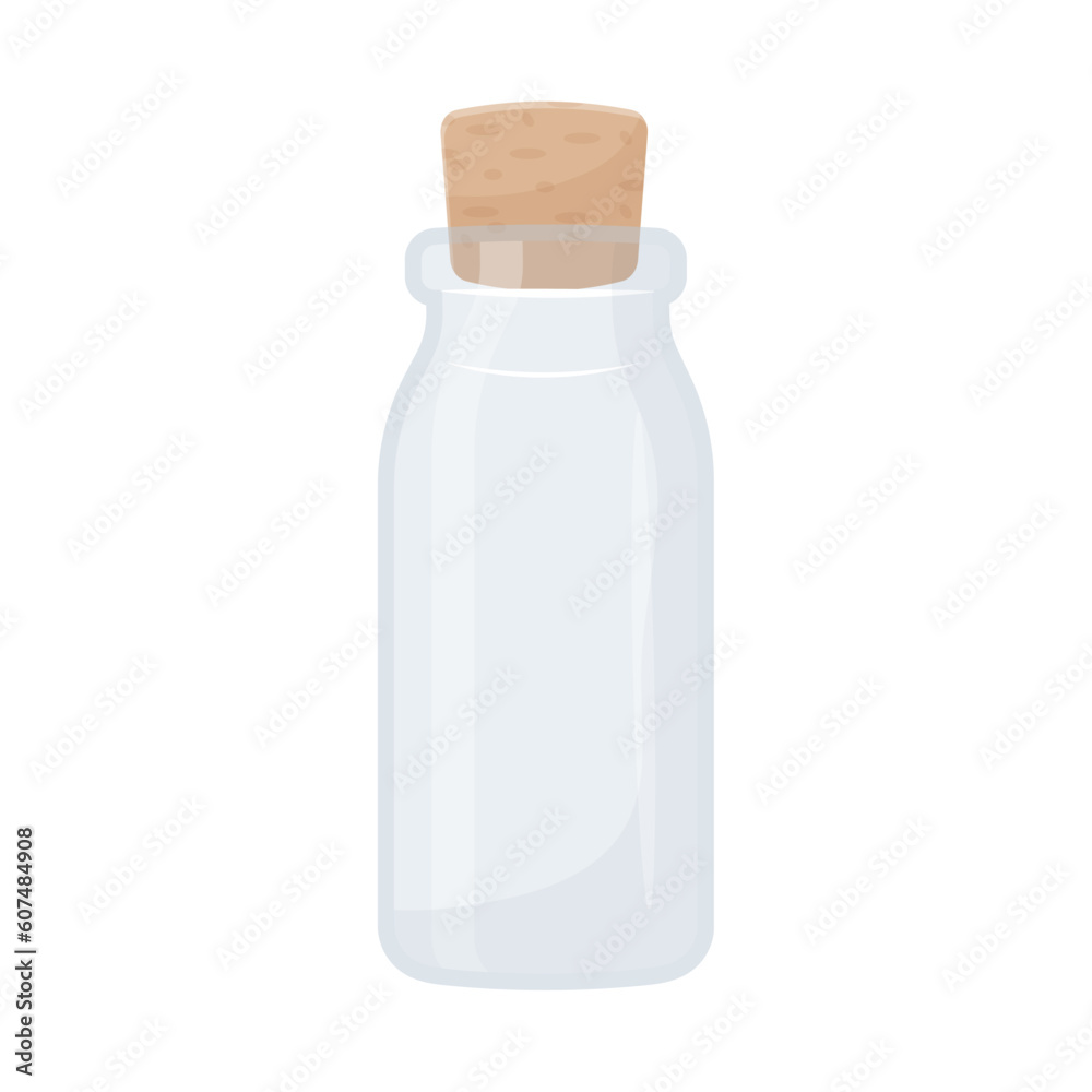 Empty glass bottle with cork. Isolated flat vector illustration in cartoon style Empty glass bottle with cork. Isolated flat vector illustration in cartoon style