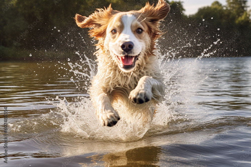 Pure bliss of a happy dog as it joyfully leaps into the water, creating a splash of excitement. Ai generated Pure bliss of a happy dog as it joyfully leaps into the water, creating a splash of excitement. Ai generated