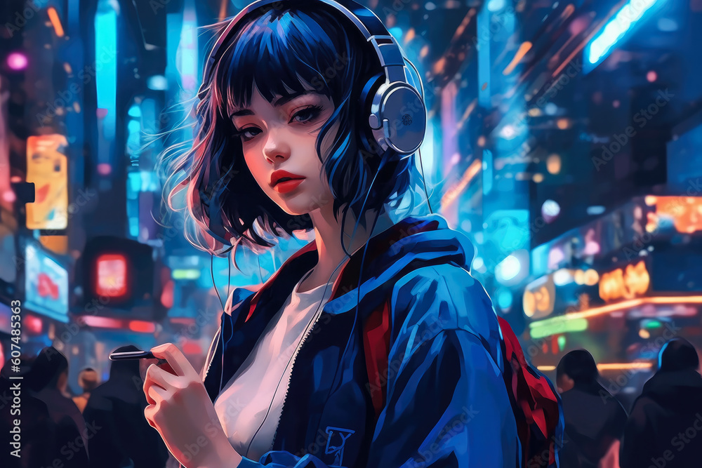 Fototapeta premium Illustration of an influencer in anime style. Avatar or character, fictional image, horizontal.