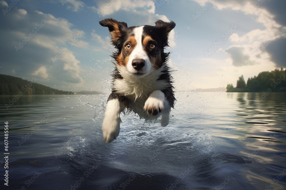 Pure bliss of a happy dog as it joyfully leaps into the water, creating a splash of excitement. Ai generated Pure bliss of a happy dog as it joyfully leaps into the water, creating a splash of excitement. Ai generated
