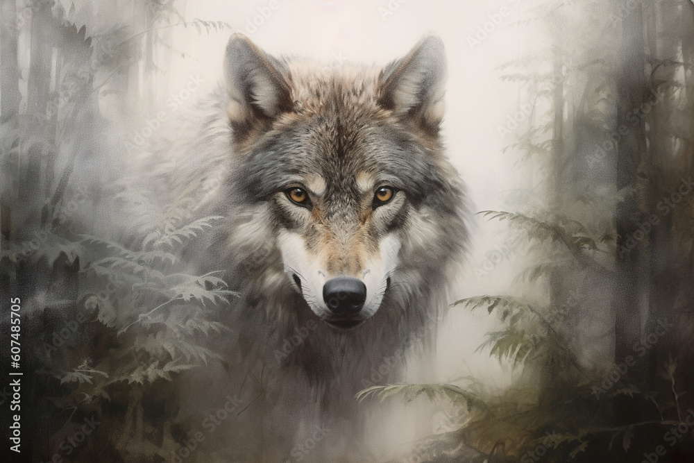 Head of a wolf emerging from the depths of a foggy forest, exuding an aura of mystery and strength. Ai generated