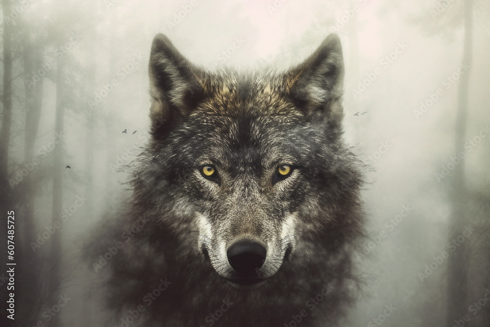 Head of a wolf emerging from the depths of a foggy forest, exuding an aura of mystery and strength. Ai generated Head of a wolf emerging from the depths of a foggy forest, exuding an aura of mystery and strength. Ai generated