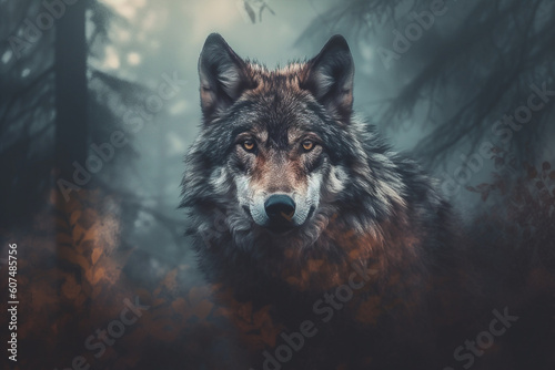 Head of a wolf emerging from the depths of a foggy forest, exuding an aura of mystery and strength. Ai generated © twindesigner