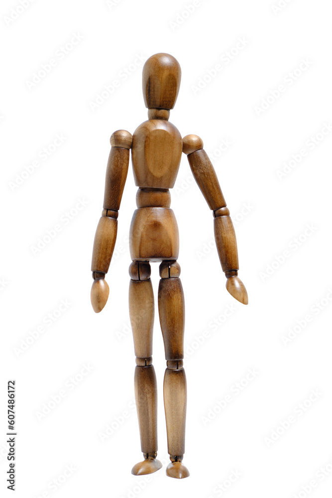 Wooden brown mannequin in standing position white background, isolate. Wooden brown mannequin in standing position white background, isolate.