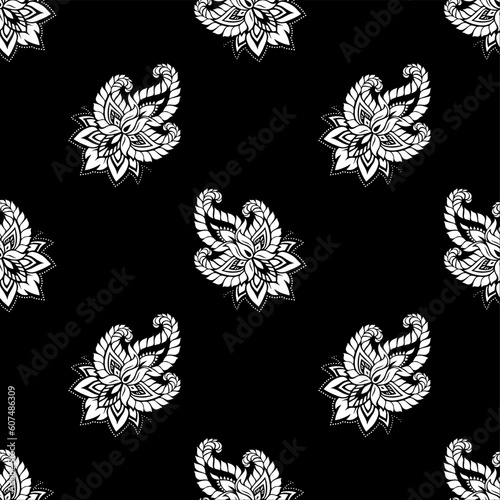 Seamless pattern with abstract flowers. Black and white vector illustration.