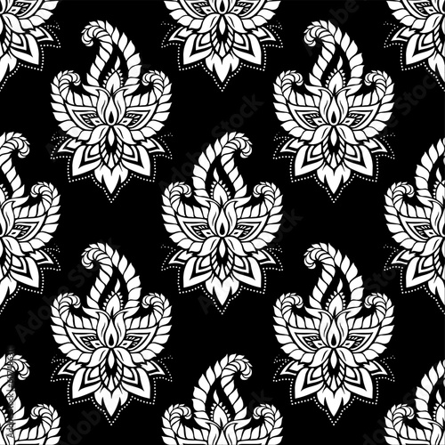 Seamless pattern with abstract flowers. Black and white vector illustration.