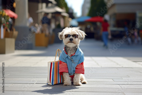 Cute dog nex to colorful shopping bags, capturing the excitement and satisfaction of a successful shopping spree. Ai generated