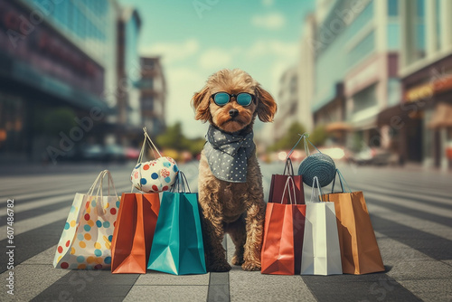 Cute dog nex to colorful shopping bags, capturing the excitement and satisfaction of a successful shopping spree. Ai generated